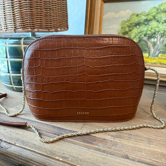 Sezane Handbags - Women's Sezane Victor Brown Croc Print Leather Bag with Brass Leather Strap NEW